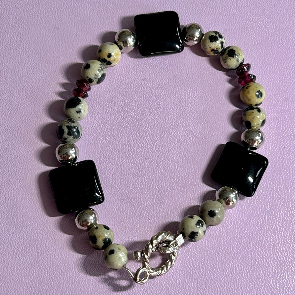 Dalmatian Jasper,Onyx,Garnet w/Silver beads Hand Crafted Bracelet